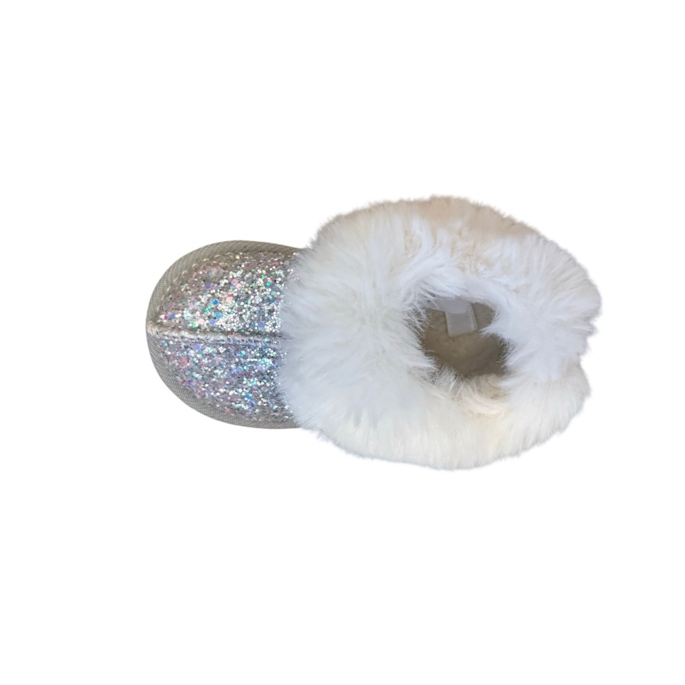 Sparkly Slip-On Fur Toddler Slippers Silver boujee Sequins sturdy sole sz 6 NWOT